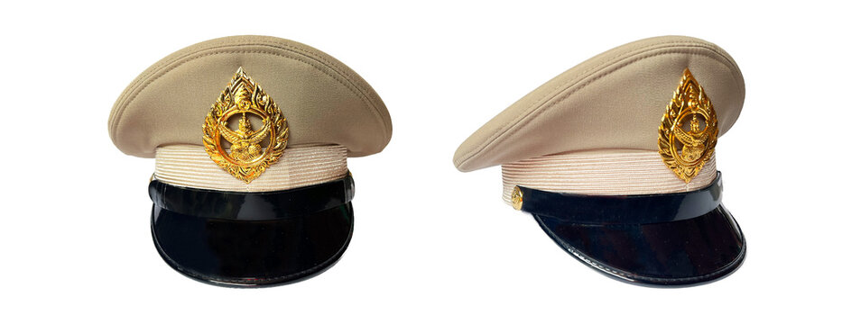 law cap  Thai civil servant's cap with Garuda symbol, khaki color, isolated on white background, Thailand, 
