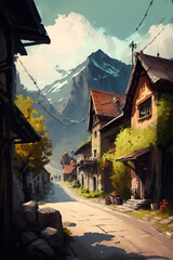 village beside mountains. Generative Ai