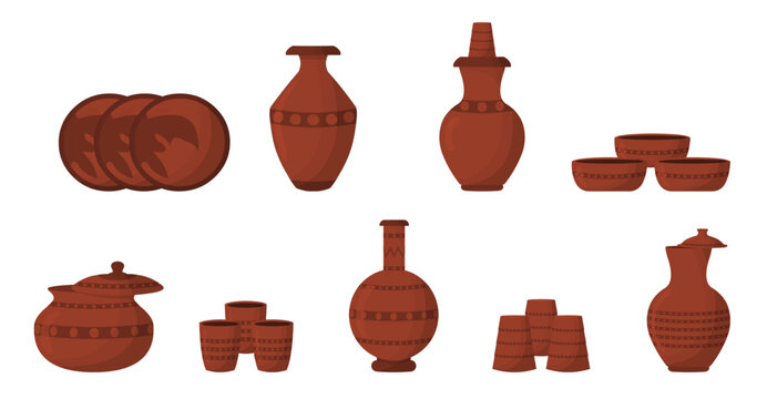 Set of clay pots, jar, jug, glass, amphora vector illustration of ancient clay traditional vase isolated on white background.