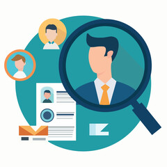 Looking at head through magnifying glass. Concept of analytical thinking, statistical analysis, business analytics. Modern flat colorful vector illustration. Stock vector illustration.