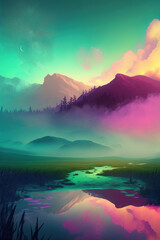 Fototapeta premium fog covered colorful nature landscape. Generative Ai