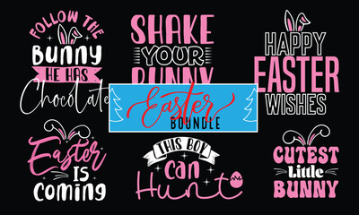 Easter Bunny Vector T-Shirt Design Bundle | Hoppy Peeps Hunt Silhouette Series  Plate Typography Quote | My First Baby Motivational Sticker Calligraphy Apparel Template Black Lettering Ready eps