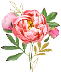 Bouquet of pink peonies, leaves and gold elements isolated on a white background. Bright flower bouquet.	