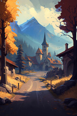 village beside mountains. Generative Ai