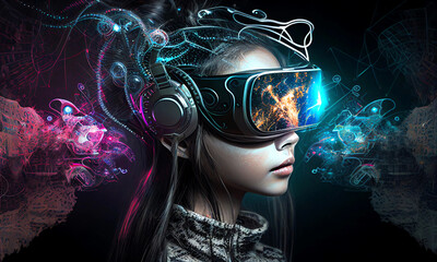 Young beautiful girl wearing a VR headset and experiencing a virtual reality simulation, metaverse and cyberspace concept. Postproducted generative AI.