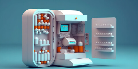 A futuristic medicine cabinet opens, with shelves full of medicine bottles and a digital monitoring system. The design is elegant and minimalist, with a white and orange color scheme. AI generated.