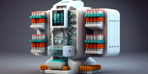 Modern technological solutions in the pharmaceutical industry. Medicines and medicinal products production technology in the future. AI generated illustration.