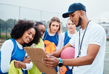 Clipboard strategy, netball sports team and coach planning game plan, teamwork collaboration or...