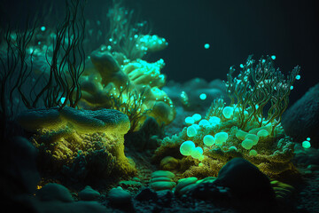 Fototapeta na wymiar Underwater Bioluminescent plants. Marine landscape. Digital painting. Generative Ai.
