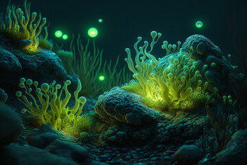 Underwater Bioluminescent plants. Marine landscape. Digital painting. Generative Ai.