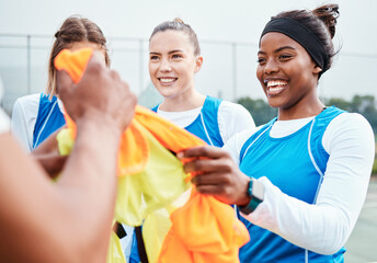 Netball, team color and exercise, girl on court outdoor for sports, student league and train for...