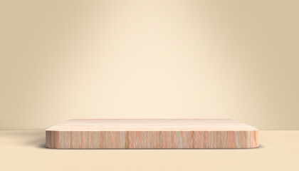Wooden platform podium 3d rendering with shadow on the floor in pastel background. Mock up for product display.