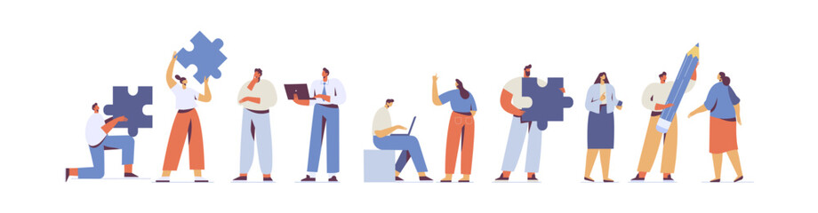 Team working, cooperation. People connecting huge puzzle elements. Partnership. Vector illustration in flat design style.