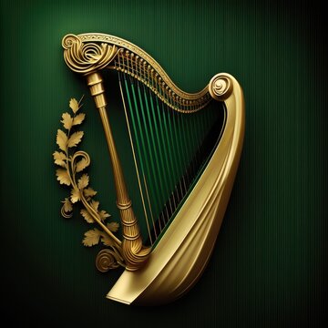 Floral decorated golden Irish harp on dark green background. Saint Patrick's day. Generative ai. 