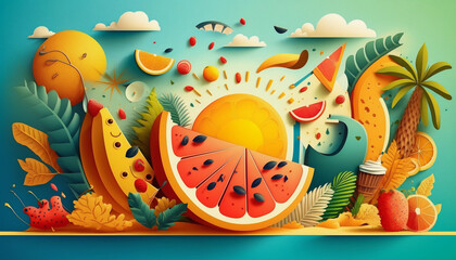 Bright Summer Vibe Caricature Illustration Background - Generative AI