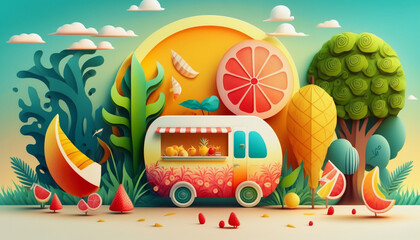 Bright Summer Vibe Caricature Illustration Background - Generative AI