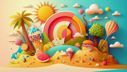 Fototapeta premium Bright Summer Vibe Caricature Illustration Background - Generative AI
