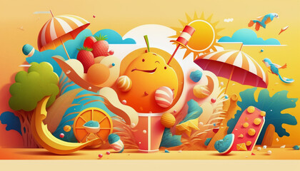 Bright Summer Vibe Caricature Illustration Background - Generative AI