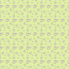 Cute pattern with purple hearts on a yellow background for fabrics. Festive pattern for Valentine's Day. Women's holiday. Wrapping for gifts. Romantic background for the site