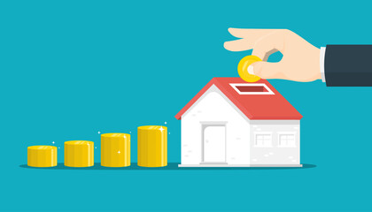 Saving income for future housing concept, Business human hand hold coin with house, Digital marketing illustration.