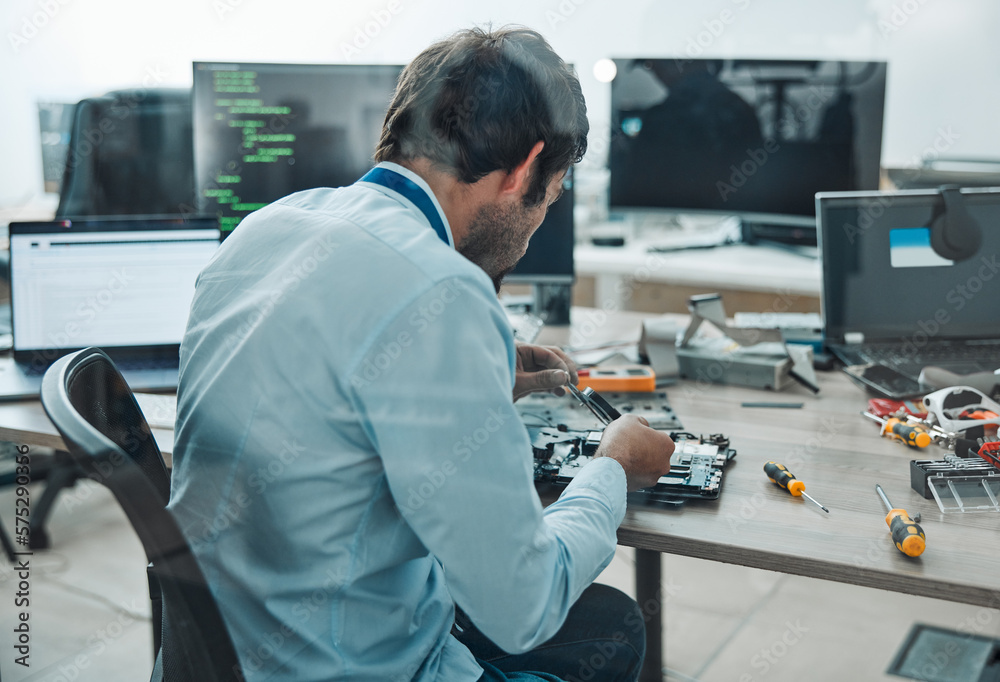 Aufkleber Man, it and technician fixing motherboard in engineering workshop for PC database update. Worker, CPU and circuit board for repair, maintenance or software upgrade in information technology industry