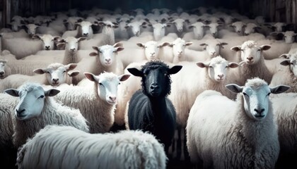 A Flock of White Sheep with a Black Sheep in the Barn - Unique and Stand Out from the Crowd. Generative ai illustration