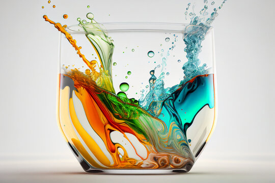 Close-up of a glass during a chemical reaction with substances of different colors made with Generative AI