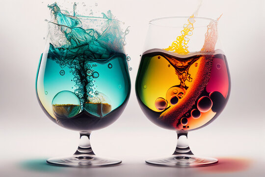 Close-up of glasses during a chemical reaction with substances of different colors made with Generative AI