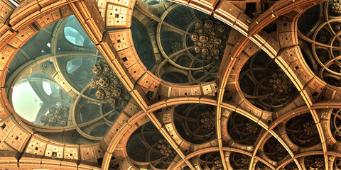 Abstract background, fantastic gold metal structures, ancient civilization fictional background, 3D render illustration.