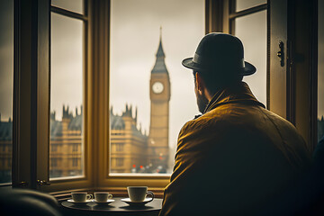 Male traveler in hat drinking morning tea coffee breakfast with open window view of Big Ben Tower in London. Generative AI