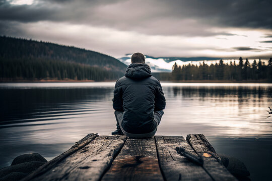 Man sitting on the pier by the lake, mountains in the background made with Generative AI