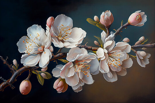 Oil paint design of beautiful almond flowers. Generative AI.