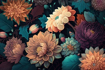 Fotobehang Abstract detailed floral background with peony flowers and leaves on retro dark background. © Aleksey