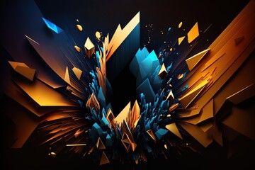 Abstract green blue orange geometric shape magic flow dark background.