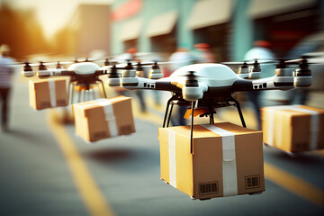 Parcel delivery by multiple drones, starting from the ground made with Generative AI