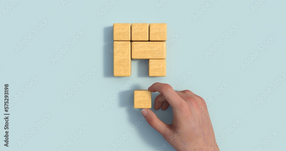 Poster business process management and automation concept with person moving wooden pieces on flowchart dia