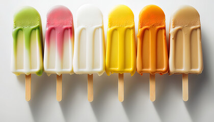 Pastel Colored Popsicles. Ice Cream Bars in a Row. White Background.