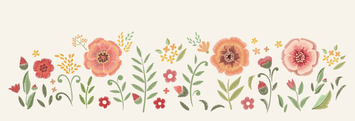 Embroidered flowers. Design element. Vector floral print. - 575293390
