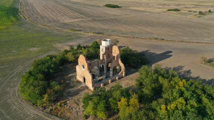 Old church and abbey ruins. Drone view of ruins of the Benedictine monastery of Araca in Serbia.