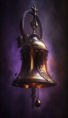 Golden bell on purple background. Generative ai.