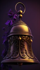Closeup of a bronze church bell on purple background. Generative ai.