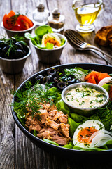 Nicoise salad - tuna, hard boiled eggs, greens, tomatoes and black olives
