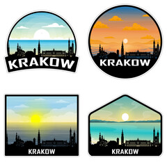 Fototapeta Krakow Poland Skyline Silhouette Retro Vintage Sunset Krakow Lover Travel Souvenir Sticker Vector Illustration SVG EPS AI obraz
