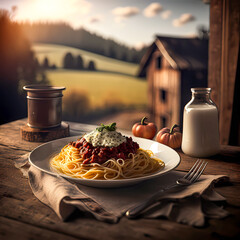digital illustration of a plate with spaghetti bolognese with a traditional italian countryside atmospheric background, created with generative ai