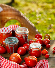 Healthy homemade preserves from organic tomatoes, close-up view