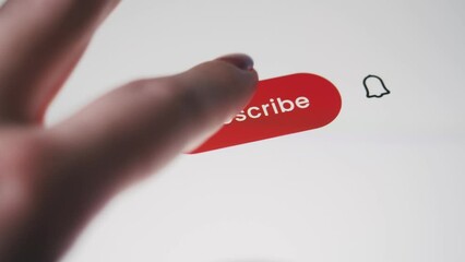 Woman pressing like, subscribe and notification bell buttons. Social media concept.
