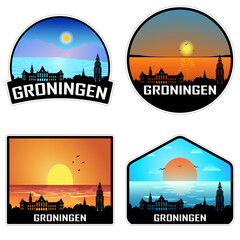 Groningen Netherlands Skyline Silhouette Retro Vintage Sunset Groningen Lover Travel Souvenir Sticker Vector Illustration SVG EPS AI - obrazy, fototapety, plakaty