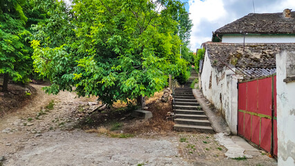 Old stairs beside a ruined house in an Eastern European village, with a large green tree nearby.