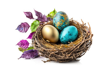 Fototapeta na wymiar Colorful easter eggs in a nest, isolated on white background. Easter concept. Generative ai and digital editing.