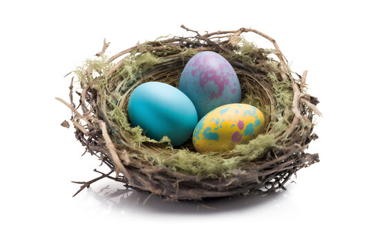 Colorful easter eggs in a nest, isolated on white background. Easter concept. Generative ai and digital editing.